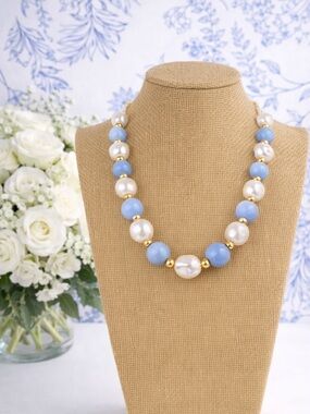 Blue Agate & Pearl Necklace – Elegant Gold Accent Statement Jewelry.